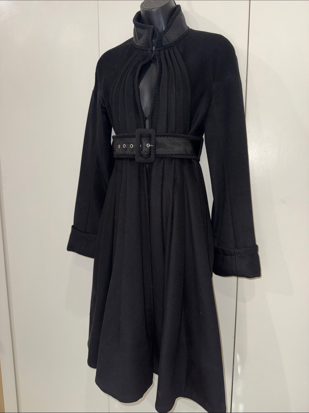 Black Pleated Belted Women's Coat